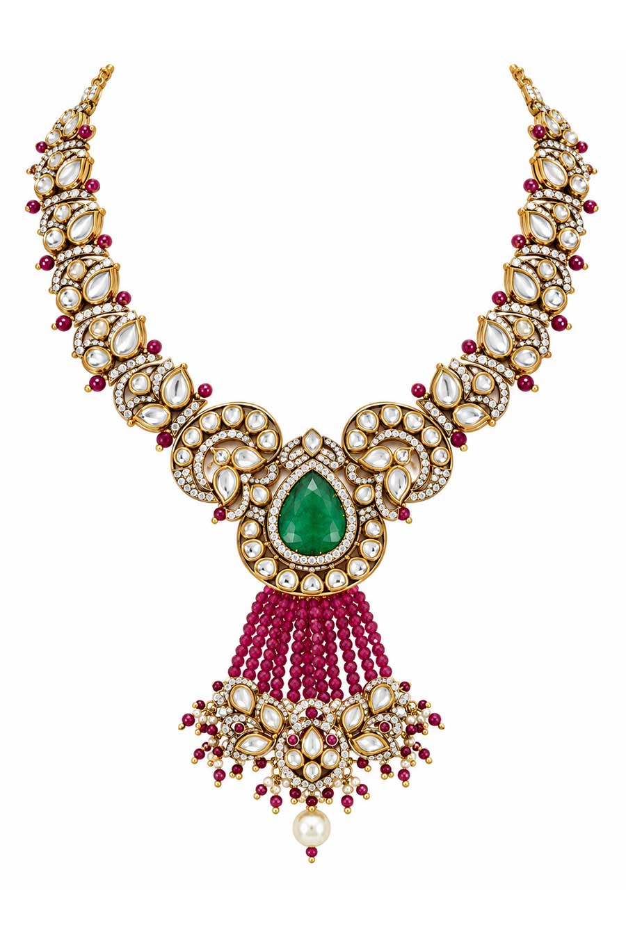 Emerald Moissanite Polki Necklace & Earrings Set
