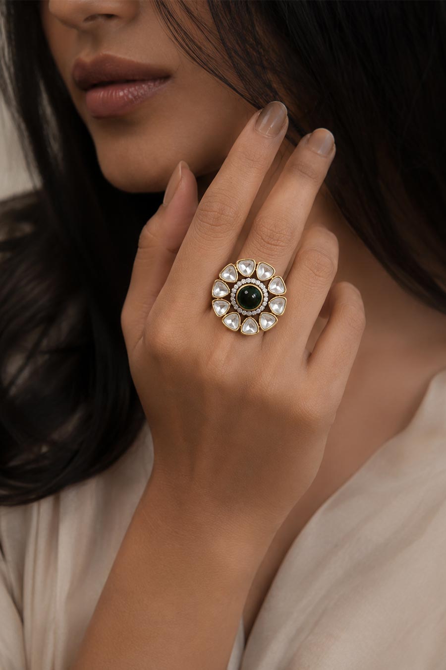 Emerald Polki Floral Statement Ring