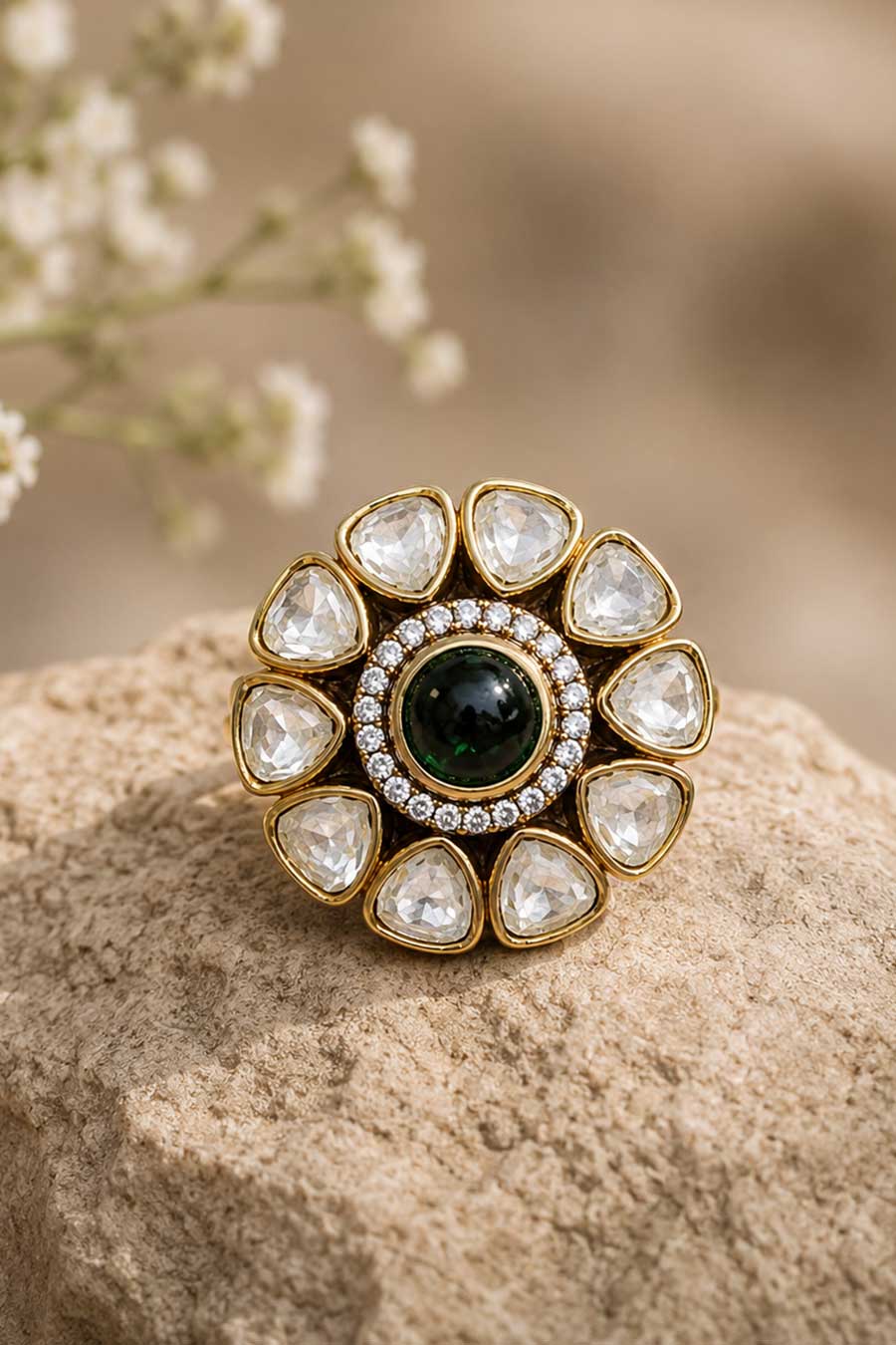 Emerald Polki Floral Statement Ring