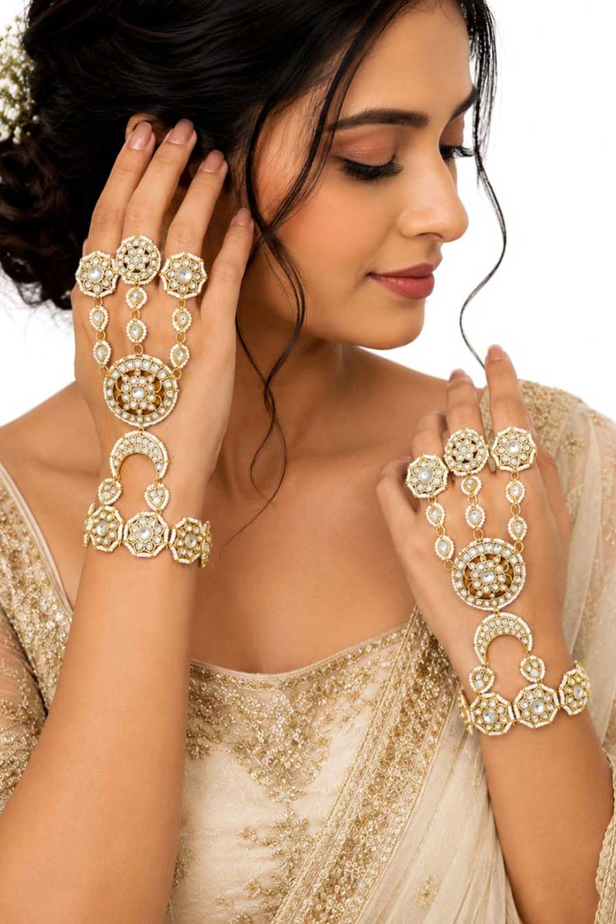 Polki Floral Motifs Bridal Haath Phool Bracelet