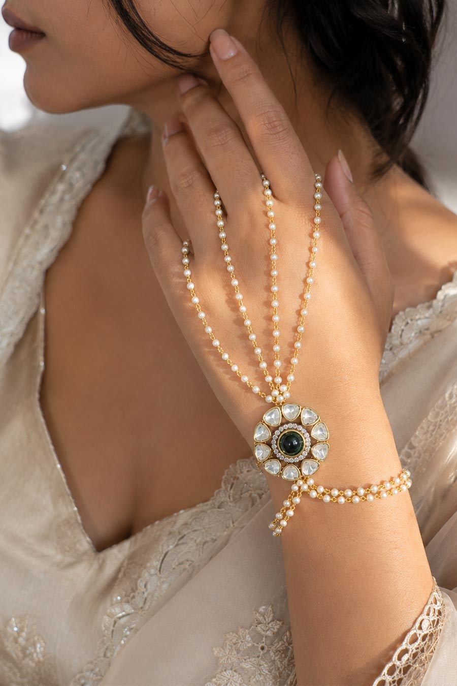 Polki Pearl Floral Haath Phool Bracelet
