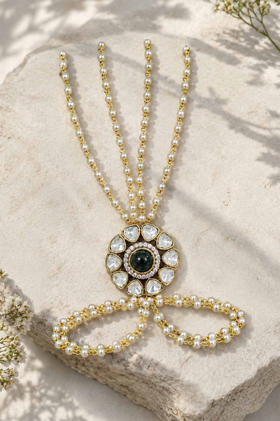Polki Pearl Floral Haath Phool Bracelet