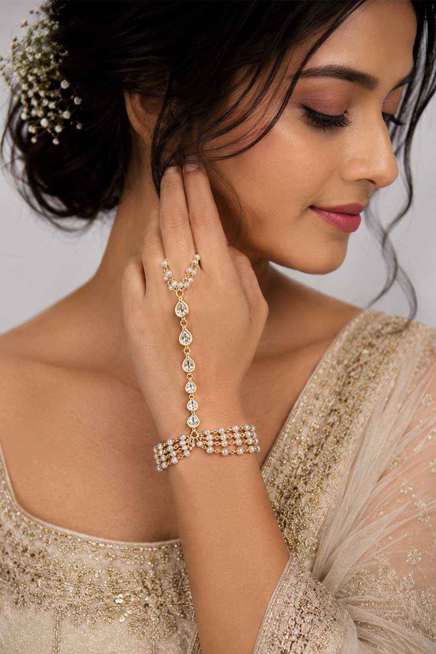 Pearl & Polki Bridal Haath Phool Bracelet