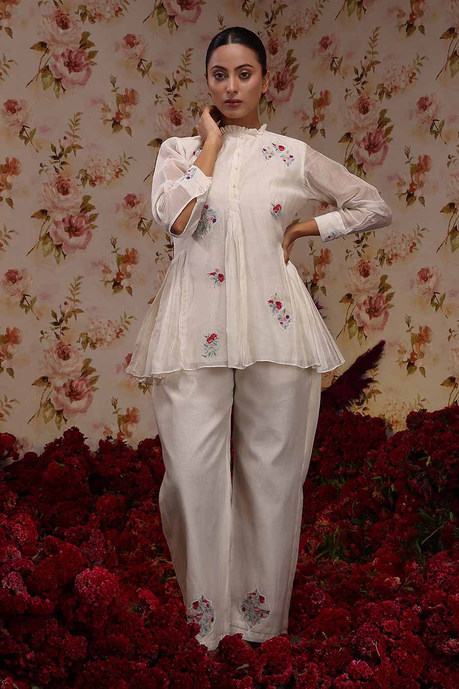 Ivory Chanderi Silk Embroidered Top & Pant Set