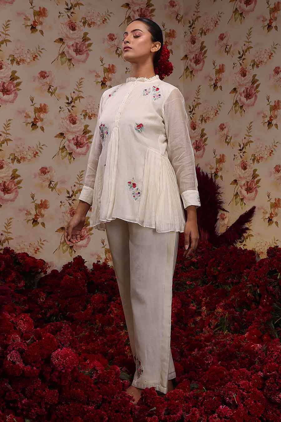 Ivory Chanderi Silk Embroidered Top & Pant Set