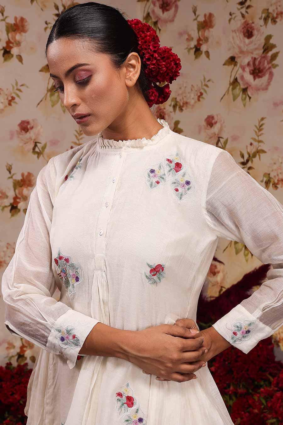 Ivory Chanderi Silk Embroidered Top & Pant Set