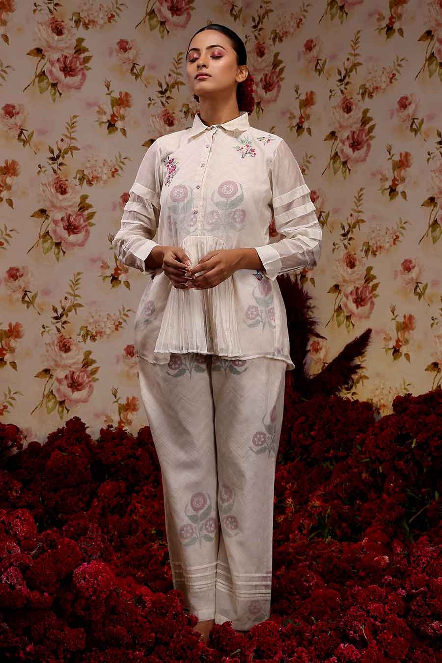 Ivory Chanderi Silk Embroidered Top & Pant Set