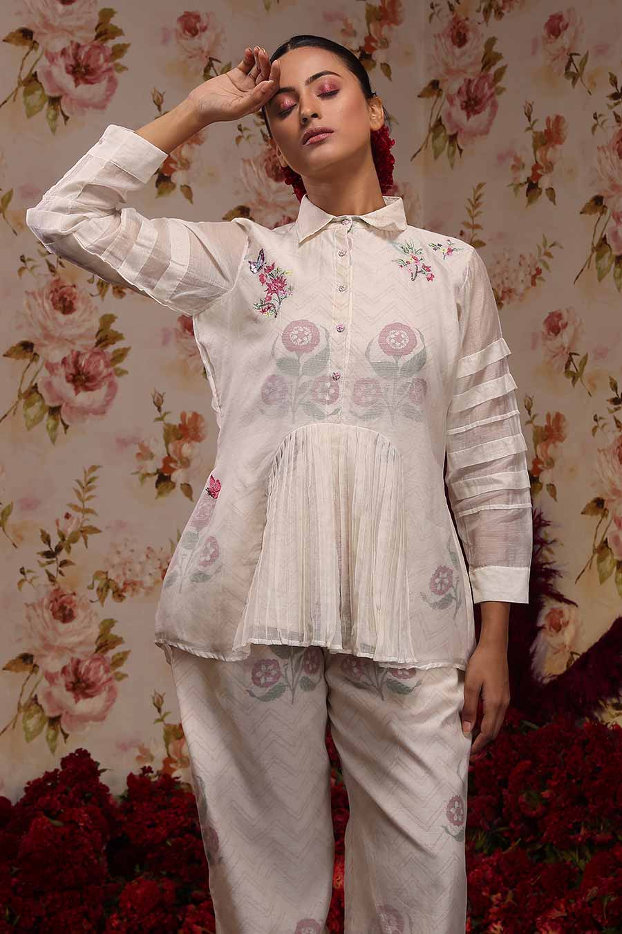 Ivory Chanderi Silk Embroidered Top & Pant Set