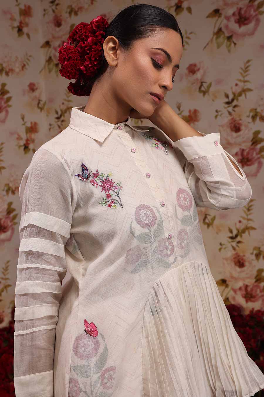 Ivory Chanderi Silk Embroidered Top & Pant Set