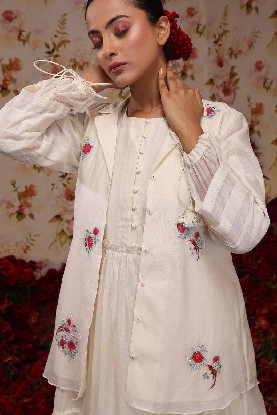 Ivory Chanderi Silk Co-Ord Set With Jacket (3 Pc)