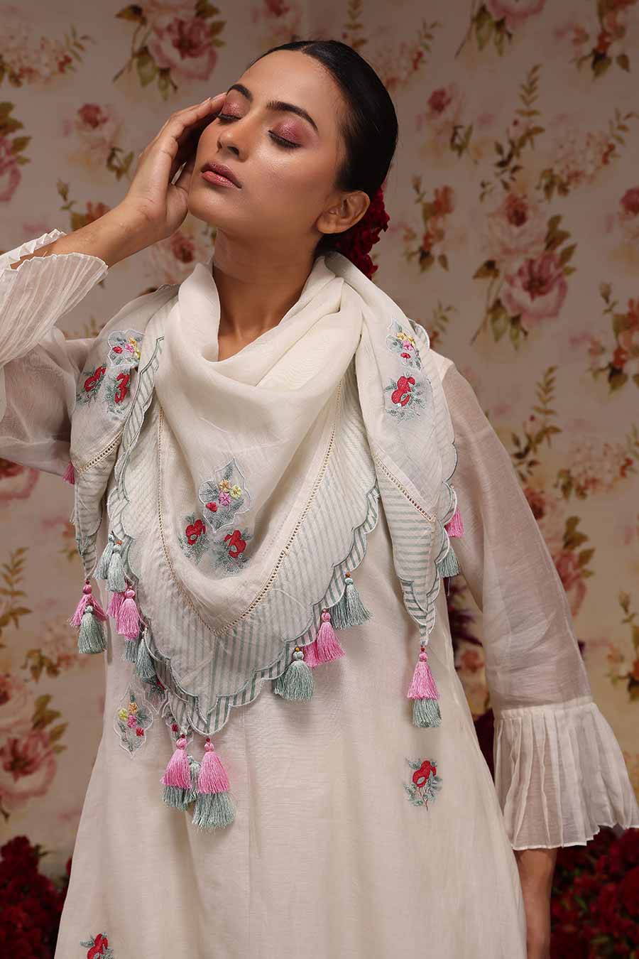 Ivory Chanderi Silk Embroidered Kurta Set with Scarf