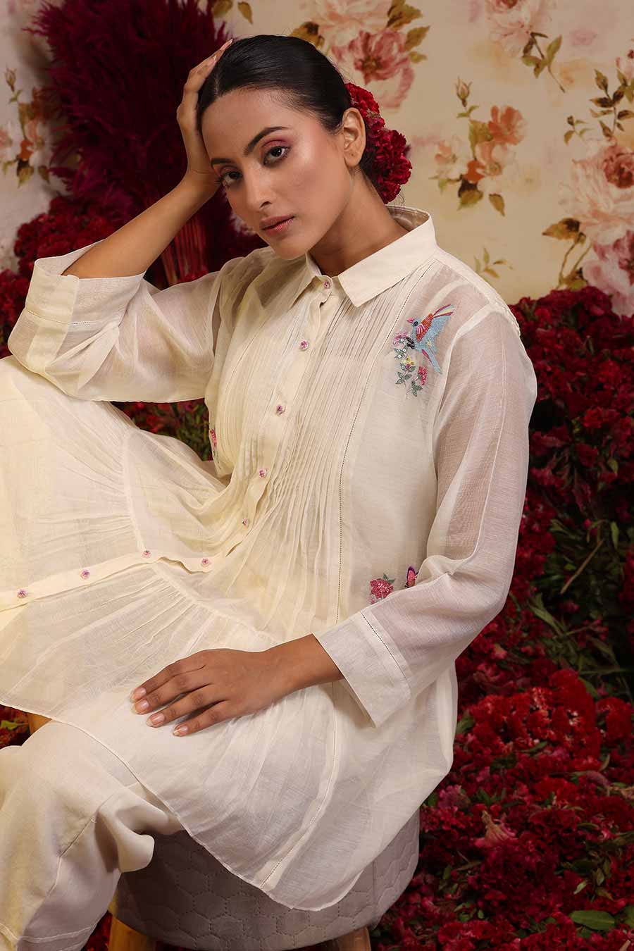 Ivory Chanderi Silk Embroidered Shirt & Pant Set