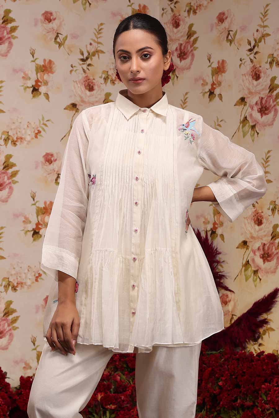 Ivory Chanderi Silk Embroidered Shirt & Pant Set