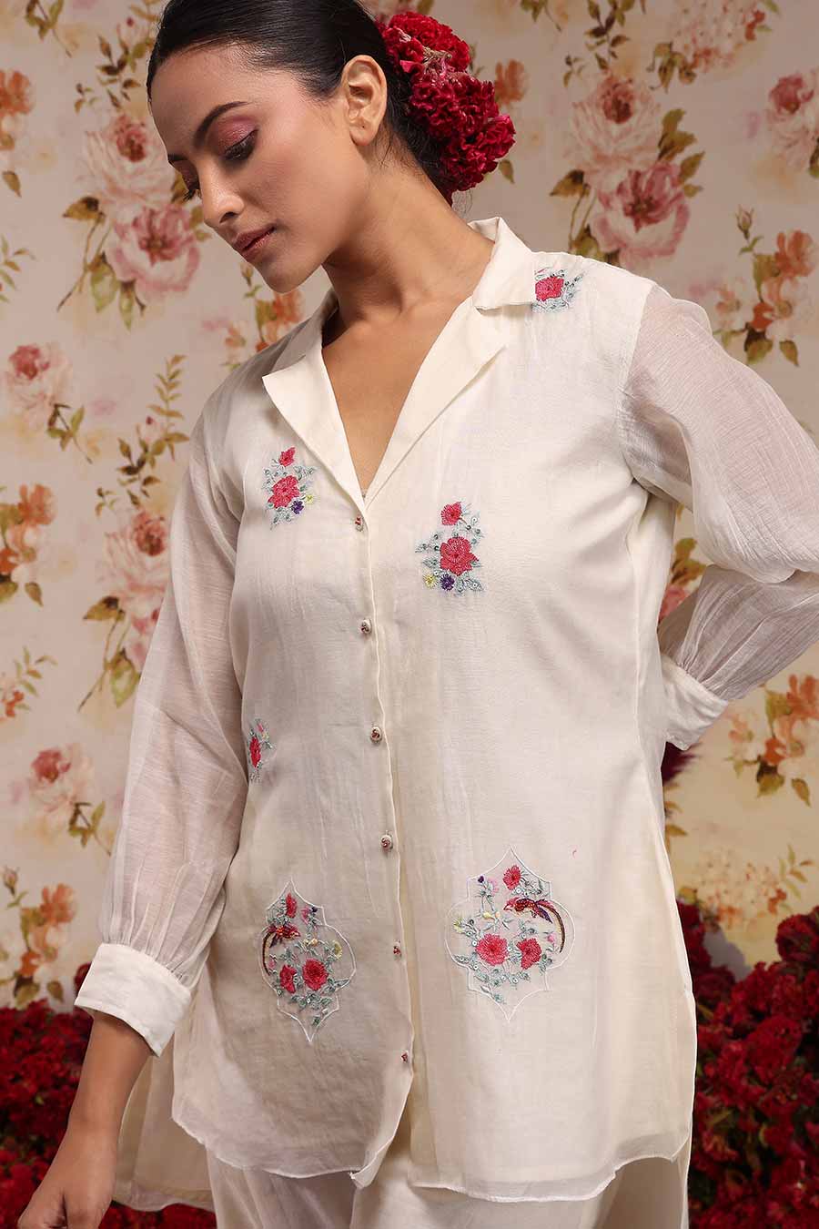 Ivory Chanderi Silk Embroidered Shirt & Pant Set