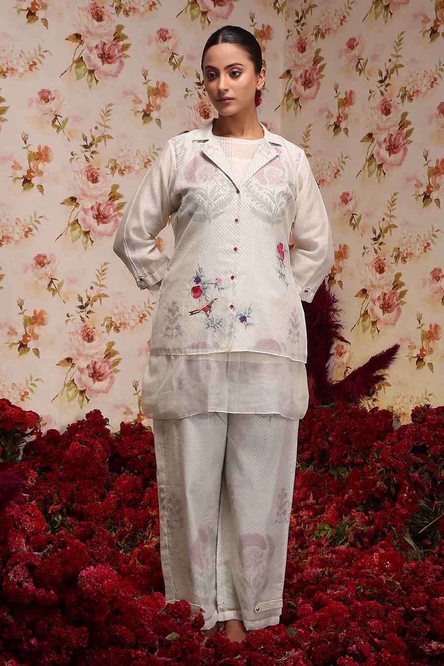 Ivory Chanderi Silk Co-Ord Set With Jacket (3 Pc)