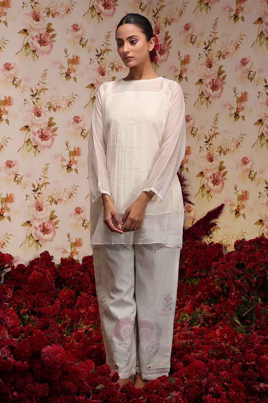 Ivory Chanderi Silk Co-Ord Set With Jacket (3 Pc)