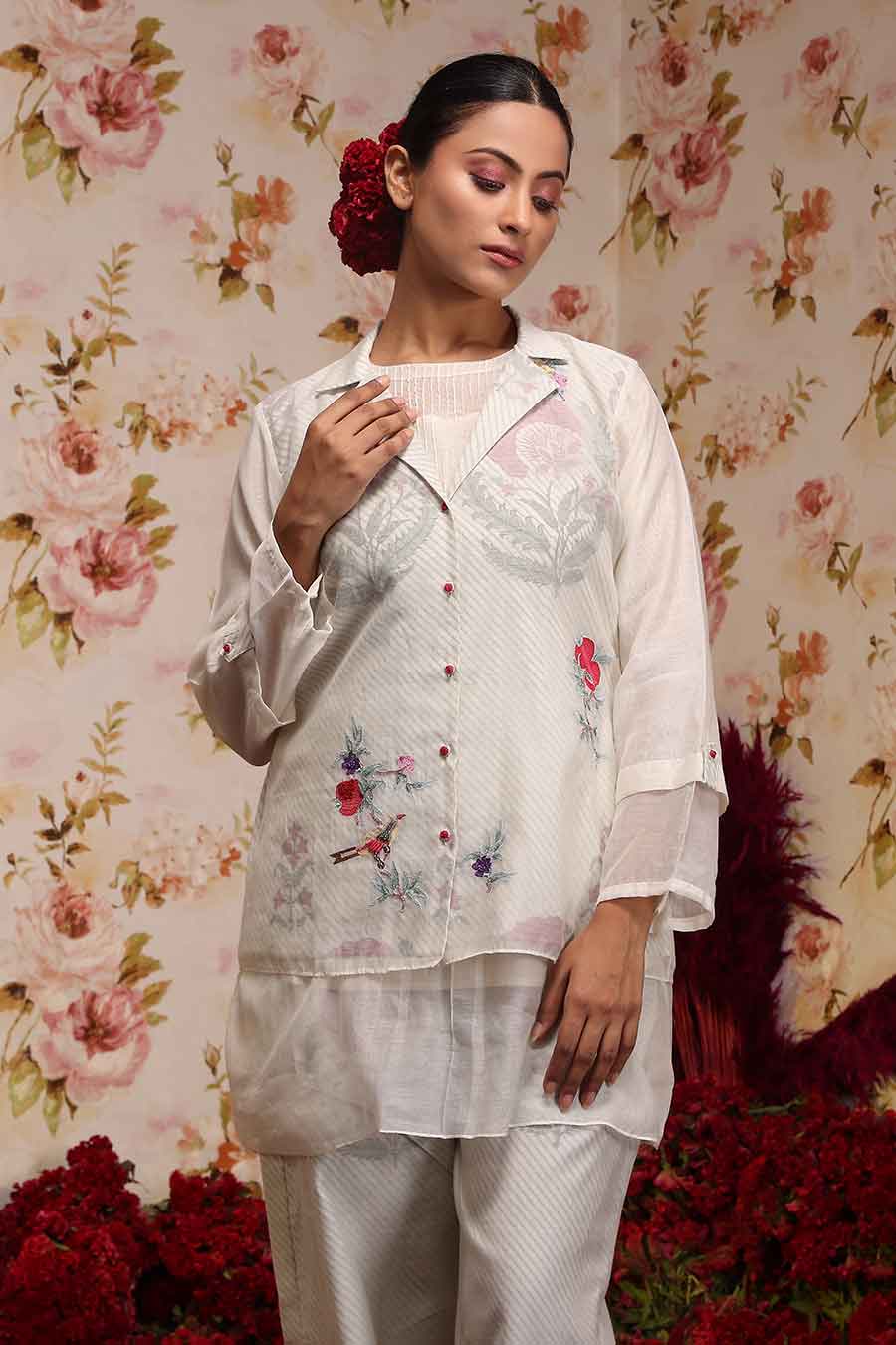 Ivory Chanderi Silk Co-Ord Set With Jacket (3 Pc)