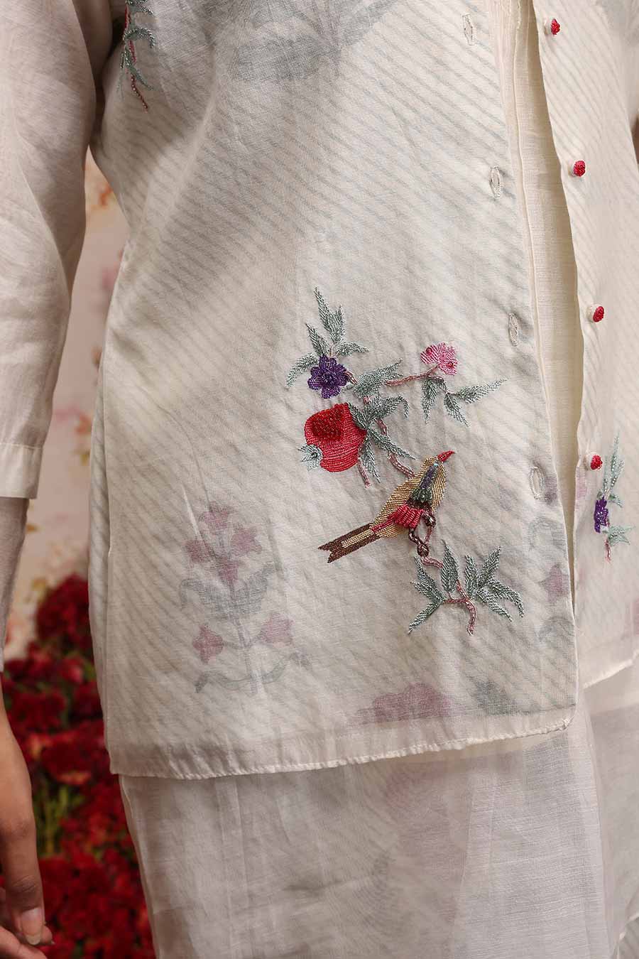 Ivory Chanderi Silk Co-Ord Set With Jacket (3 Pc)