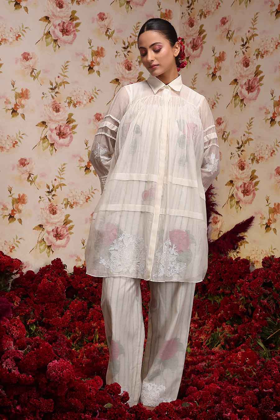 Ivory Chanderi Silk Embroidered Top & Pant Set