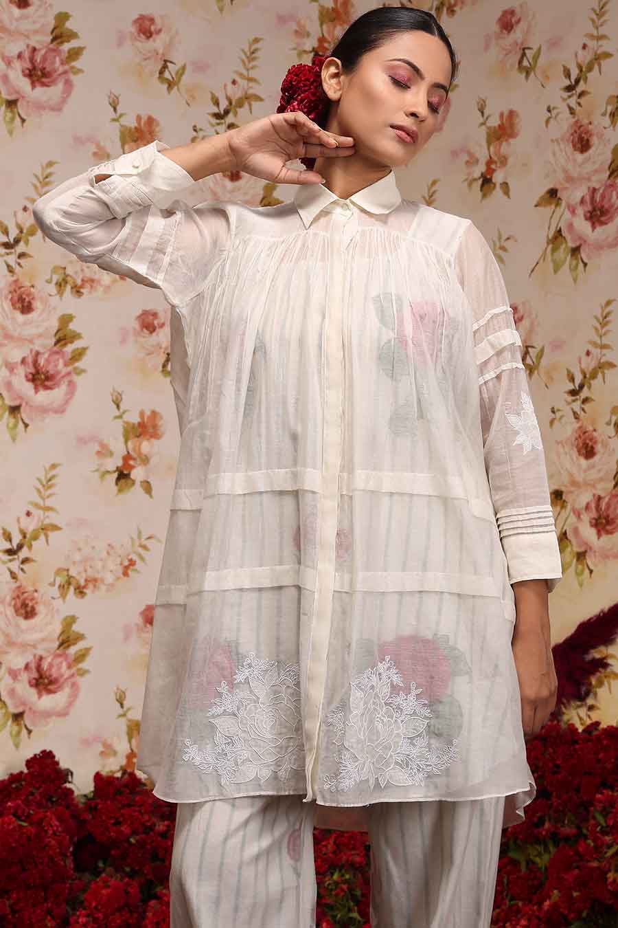 Ivory Chanderi Silk Embroidered Top & Pant Set