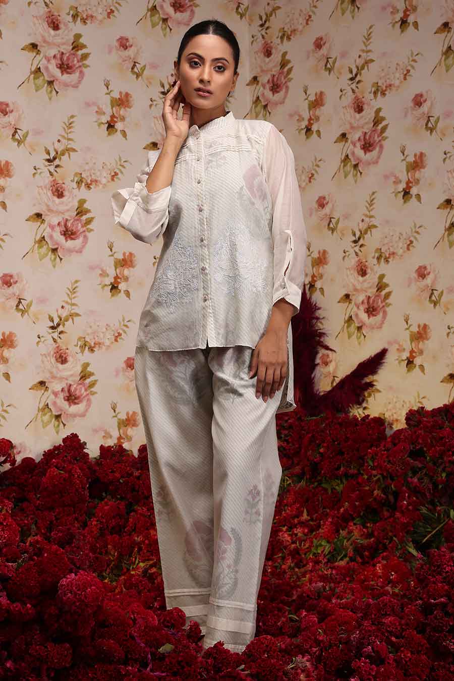 Ivory Chanderi Silk Embroidered Shirt & Pant Set