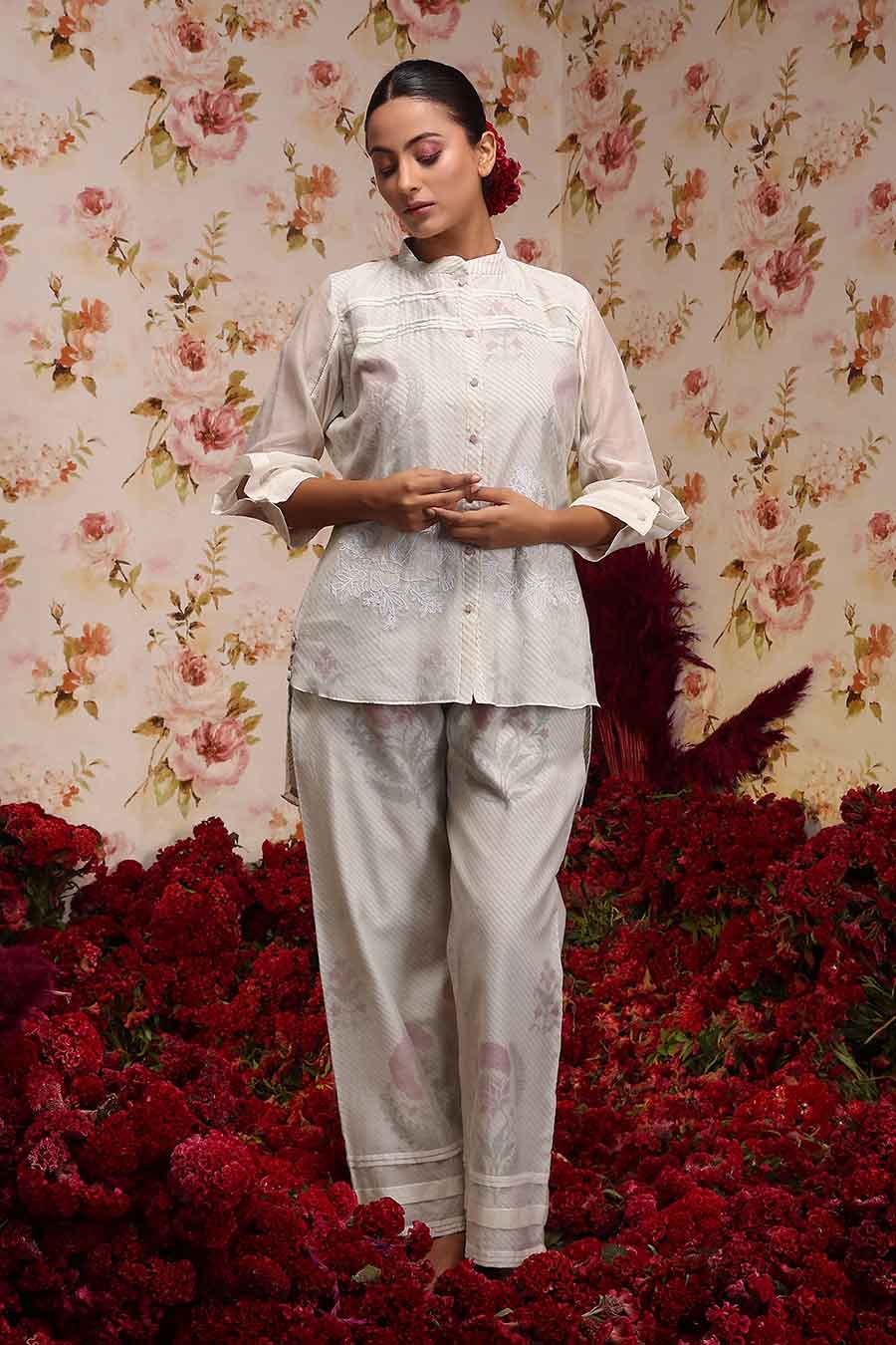 Ivory Chanderi Silk Embroidered Shirt & Pant Set