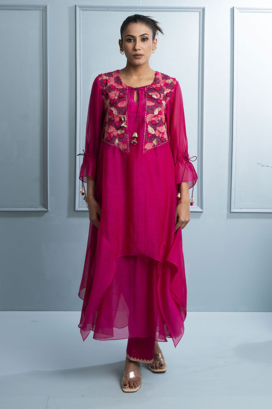 Pink Asymmetric Layered Embroidered Kurta & Pant Set