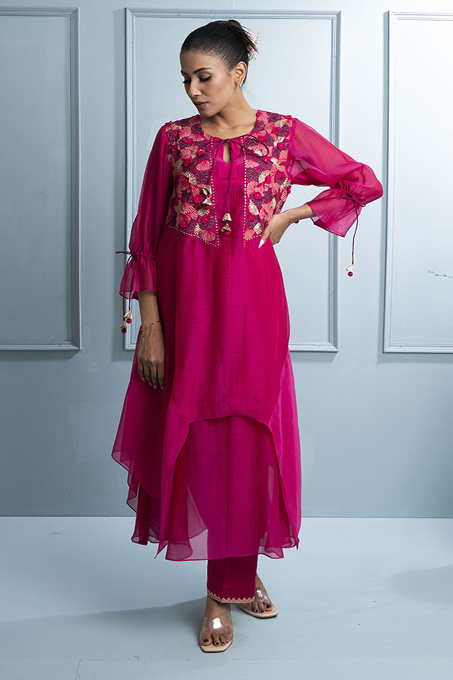 Pink Asymmetric Layered Embroidered Kurta & Pant Set