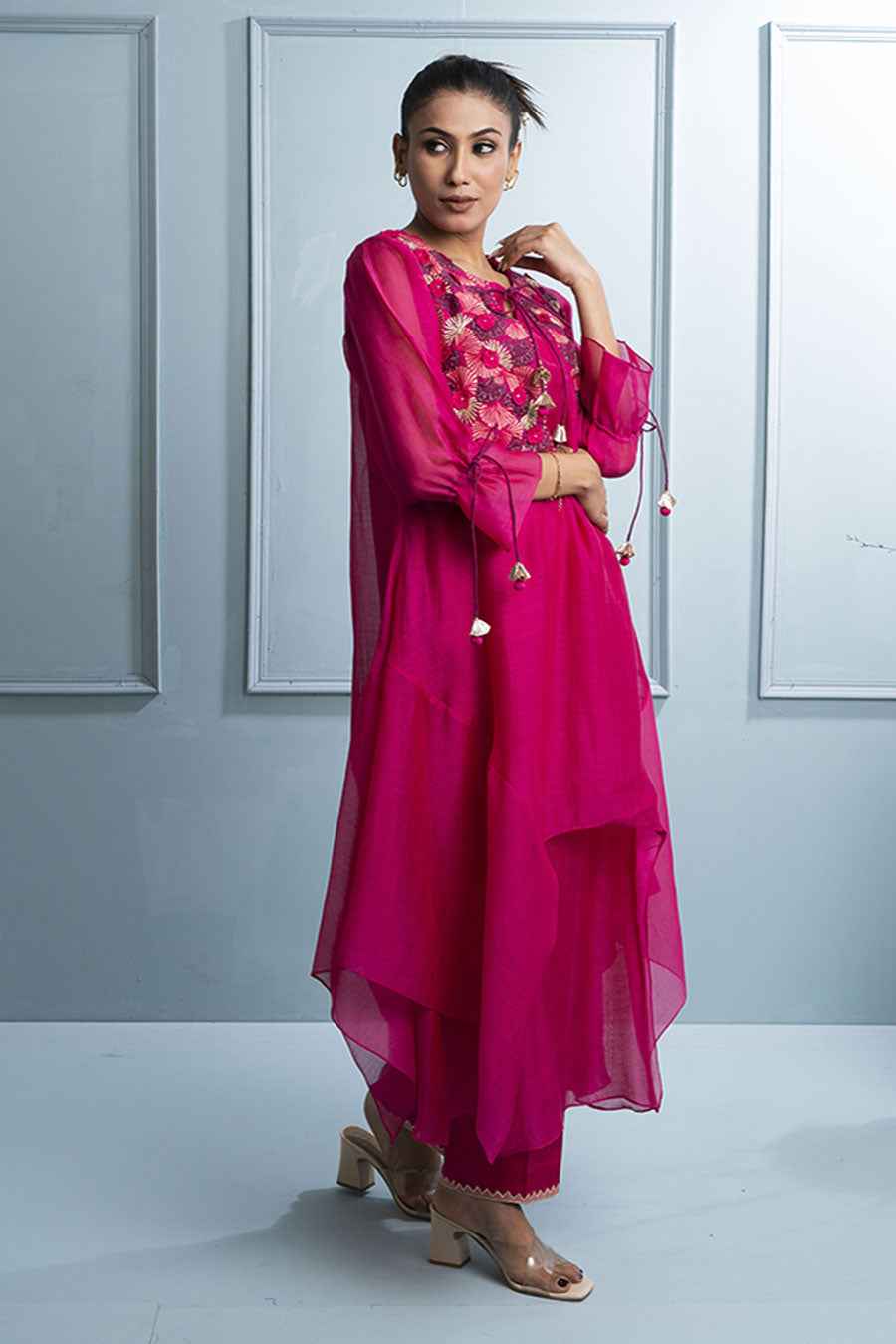 Pink Asymmetric Layered Embroidered Kurta & Pant Set