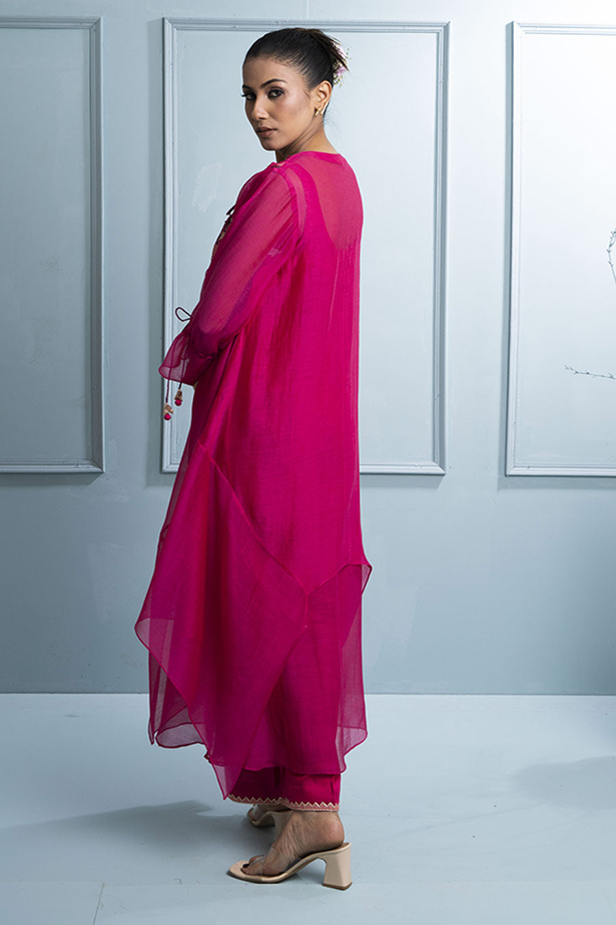 Pink Asymmetric Layered Embroidered Kurta & Pant Set