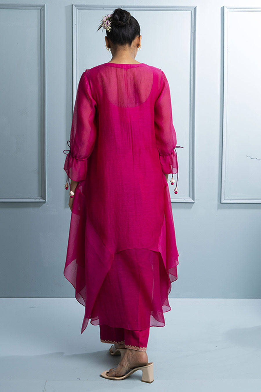 Pink Asymmetric Layered Embroidered Kurta & Pant Set