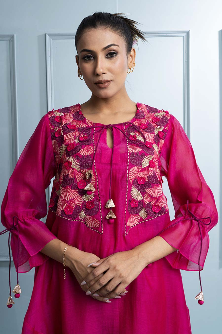 Pink Asymmetric Layered Embroidered Kurta & Pant Set