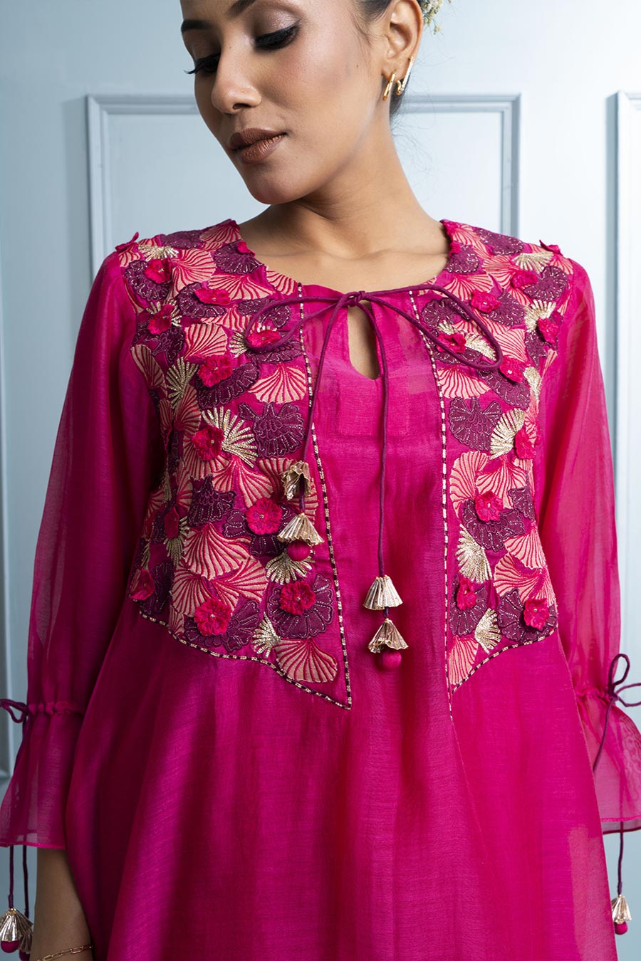Pink Asymmetric Layered Embroidered Kurta & Pant Set