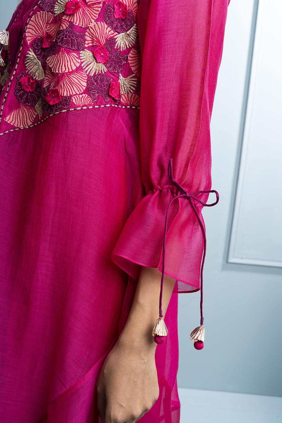 Pink Asymmetric Layered Embroidered Kurta & Pant Set