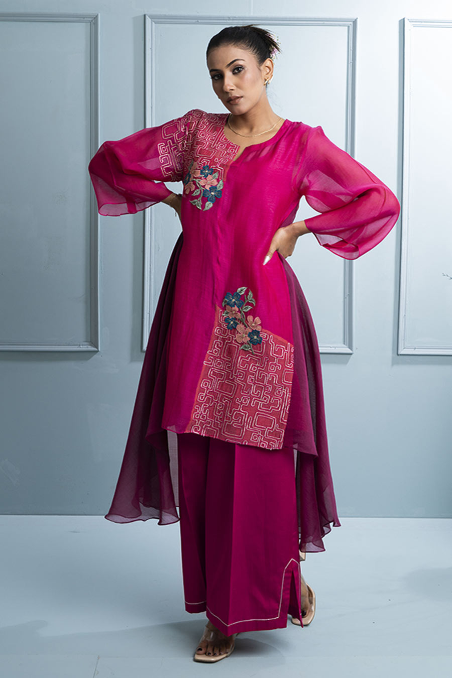 Pink Asymmetric Embroidered Kurta & Pant Set