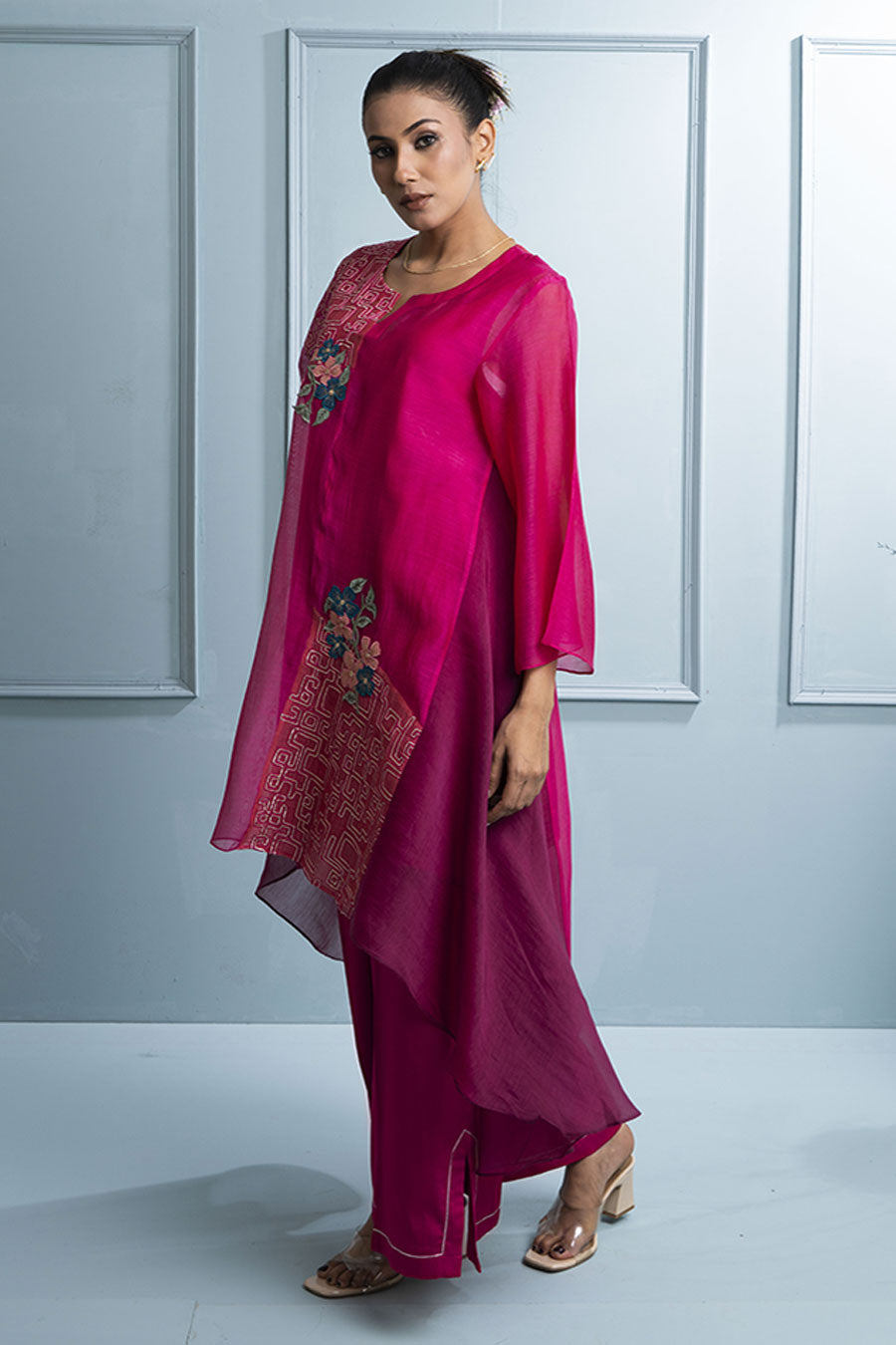 Pink Asymmetric Embroidered Kurta & Pant Set