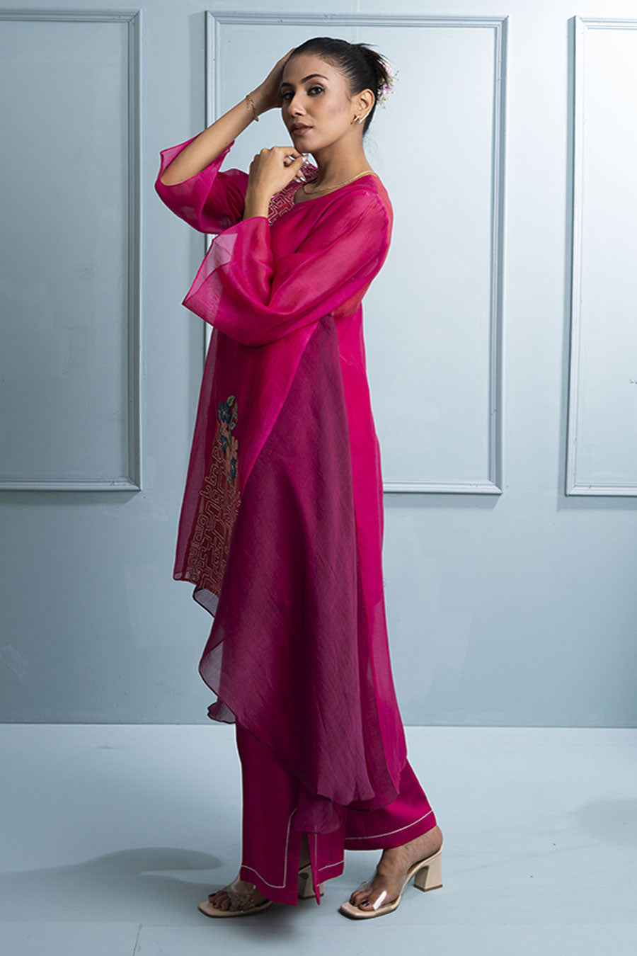 Pink Asymmetric Embroidered Kurta & Pant Set