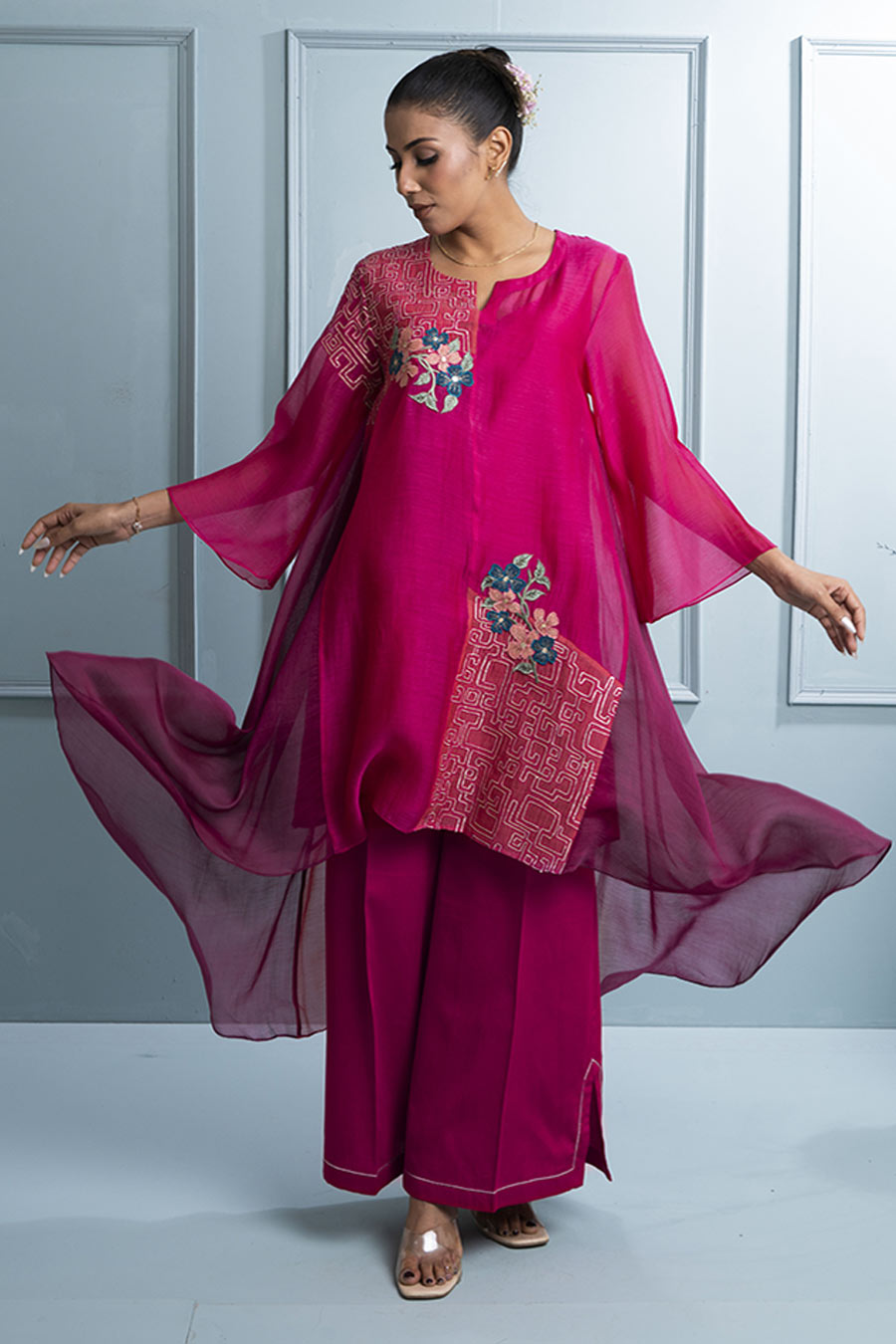 Pink Asymmetric Embroidered Kurta & Pant Set