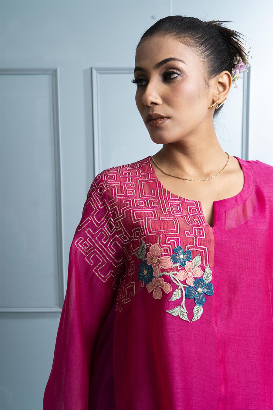 Pink Asymmetric Embroidered Kurta & Pant Set