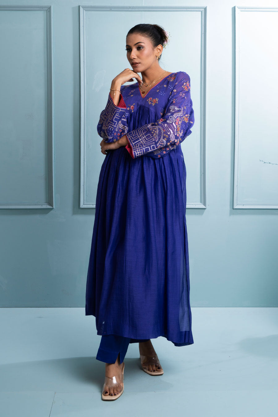 Purple Pleated Embroidered Kurta & Pant Set