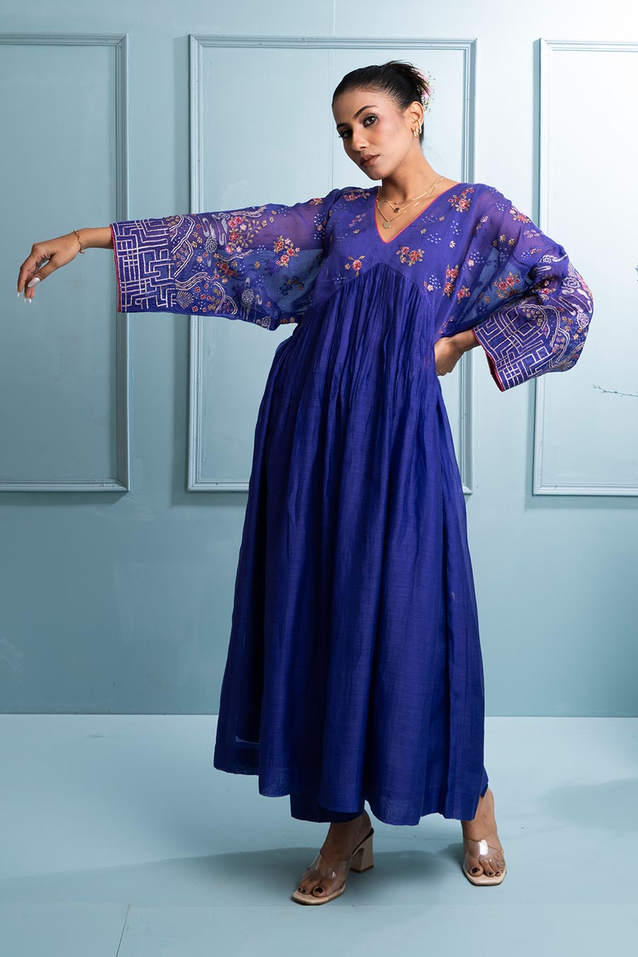 Purple Pleated Embroidered Kurta & Pant Set