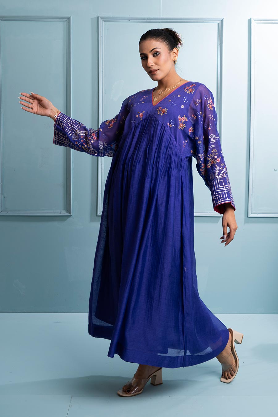 Purple Pleated Embroidered Kurta & Pant Set