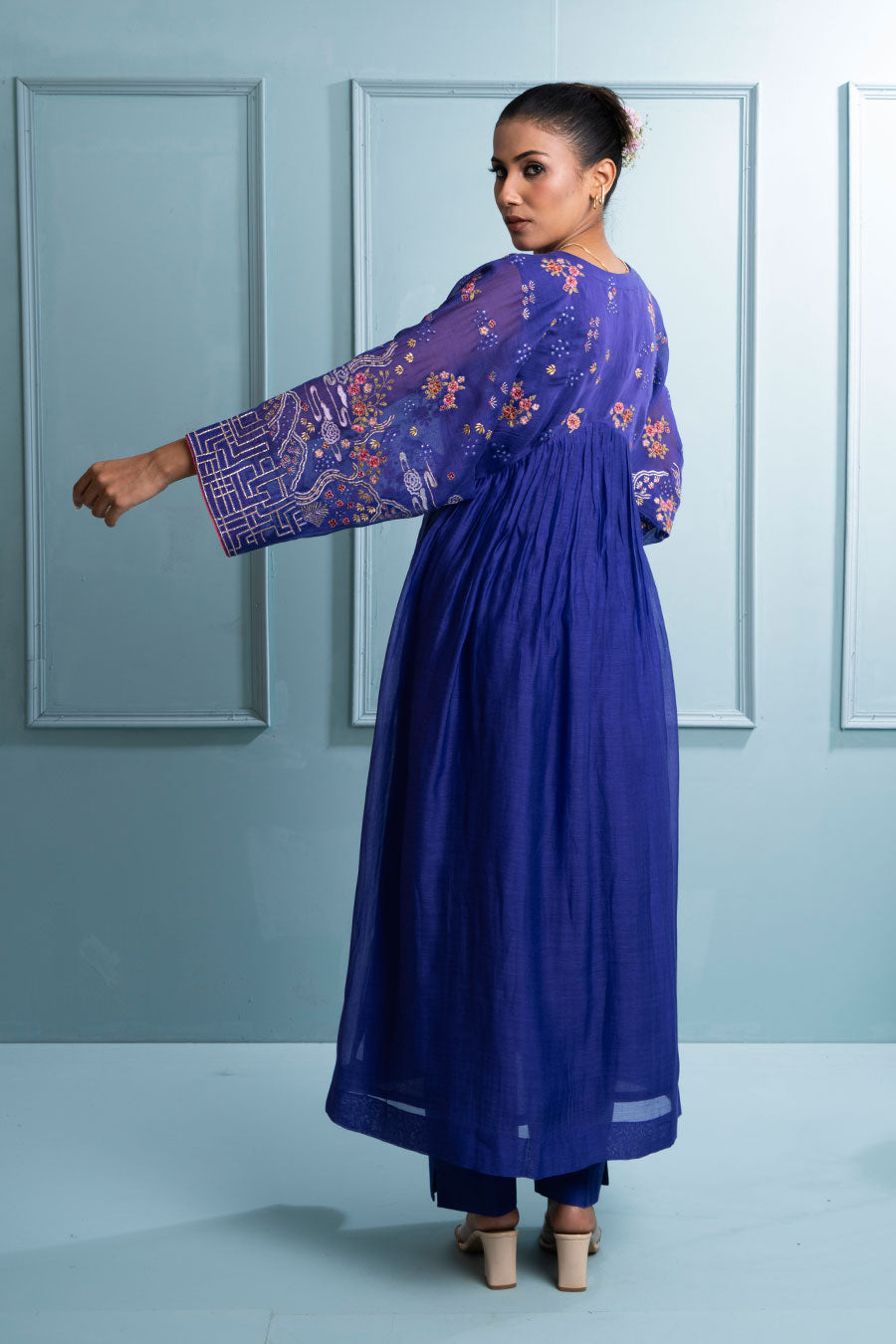 Purple Pleated Embroidered Kurta & Pant Set