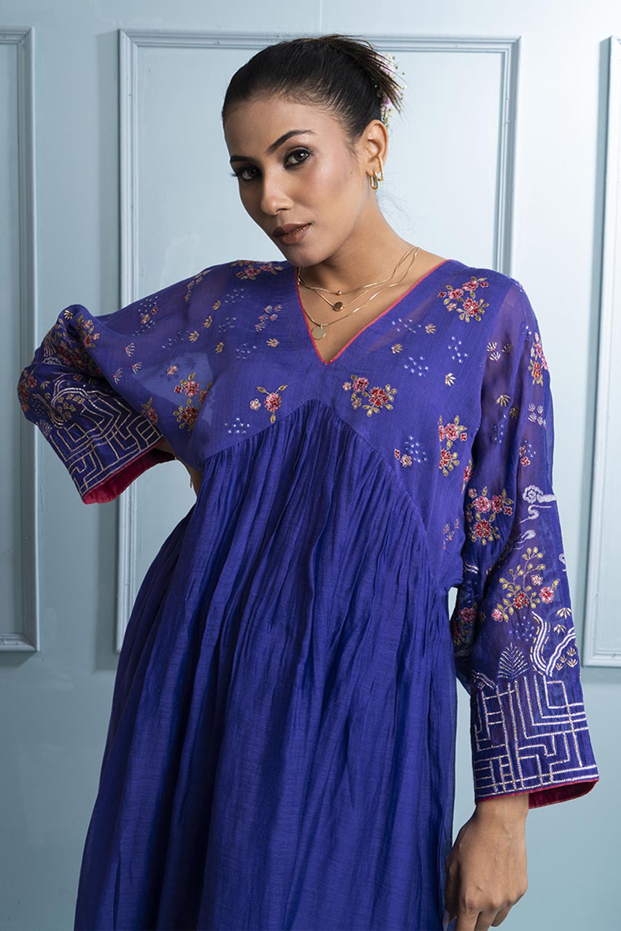 Purple Pleated Embroidered Kurta & Pant Set
