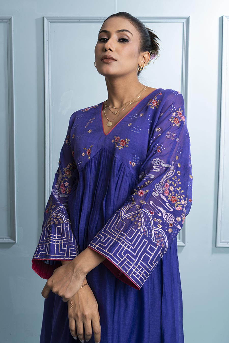 Purple Pleated Embroidered Kurta & Pant Set