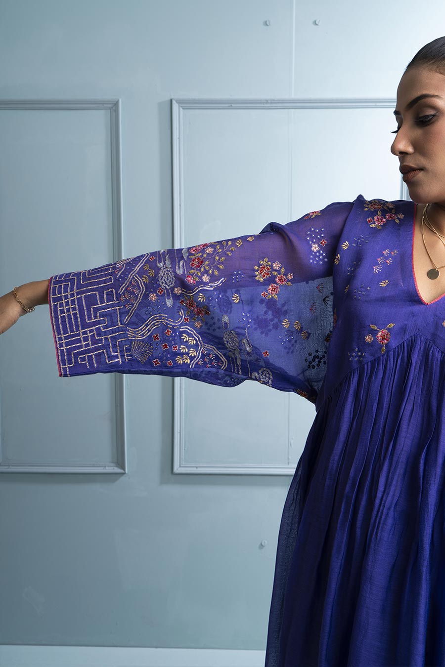 Purple Pleated Embroidered Kurta & Pant Set
