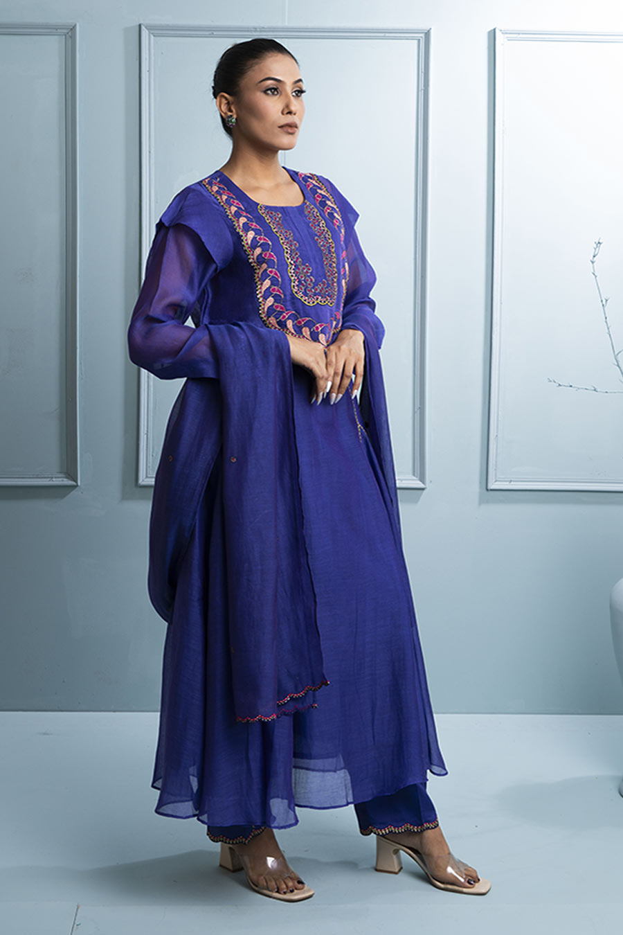 Purple Kalidar Embroidered Kurta Set
