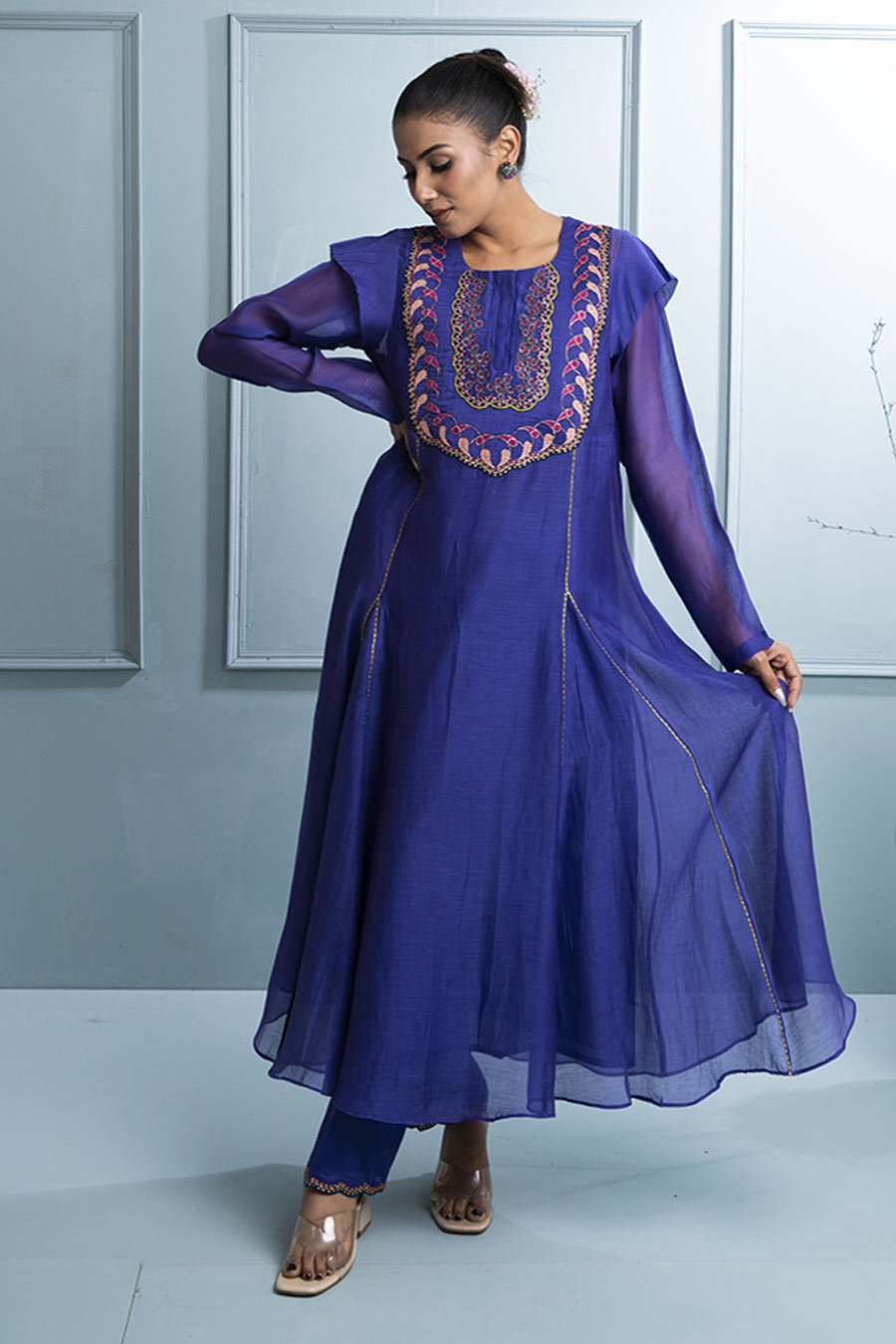 Purple Kalidar Embroidered Kurta Set