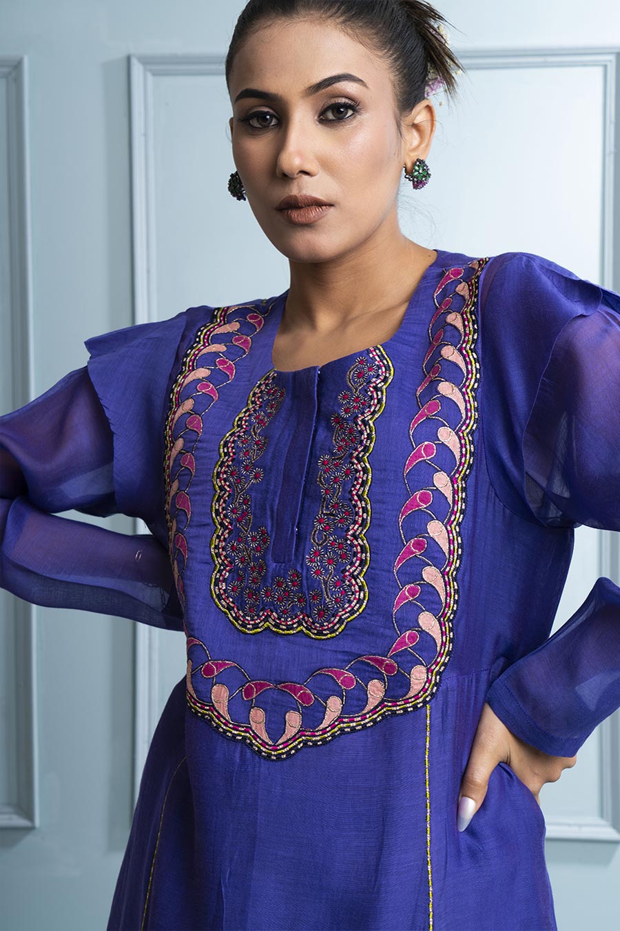 Purple Kalidar Embroidered Kurta Set