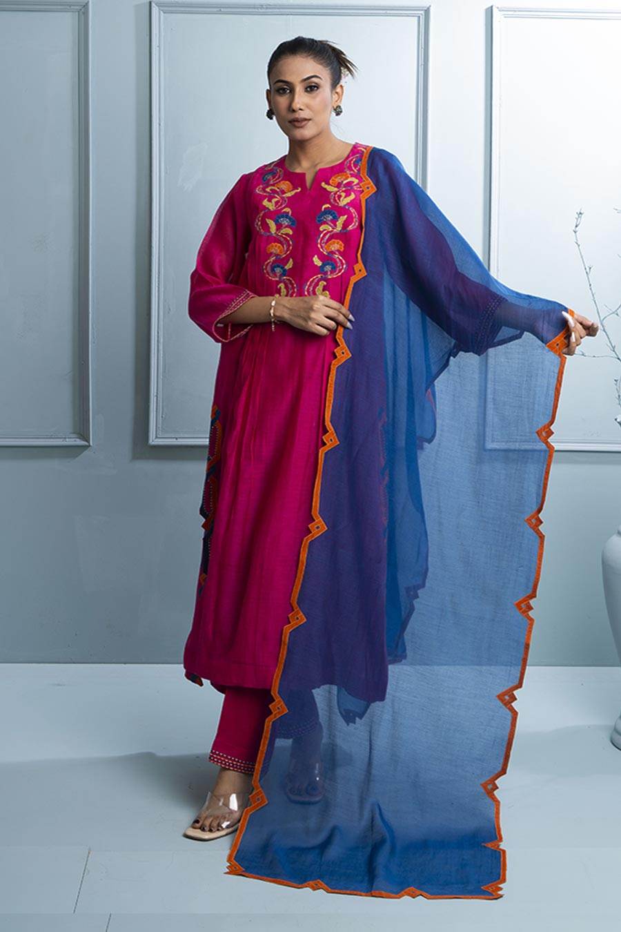 Pink & Blue Pleated Embroidered Kurta Set